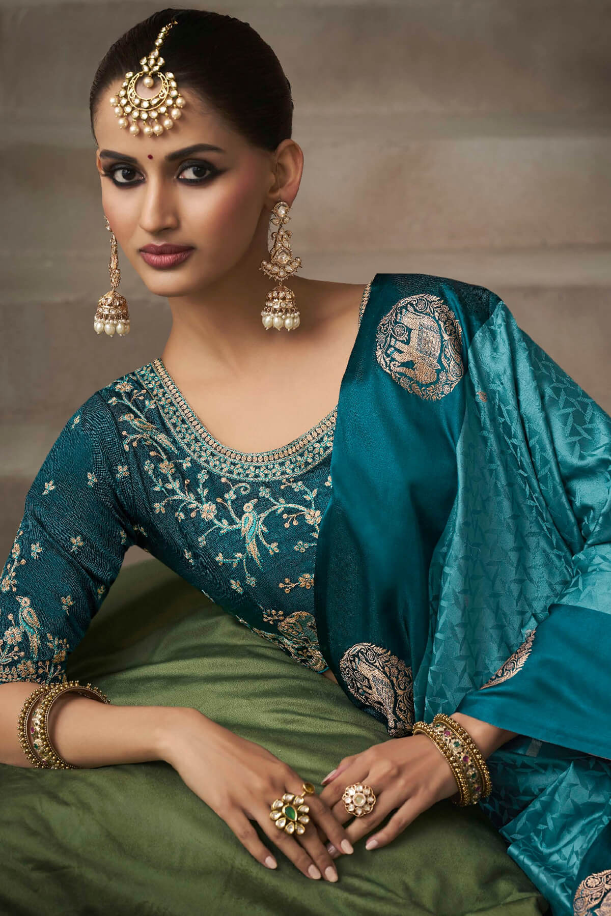Zephyr Rama Banarasi Satin Silk Saree With Ephemeral Blouse - Image 4