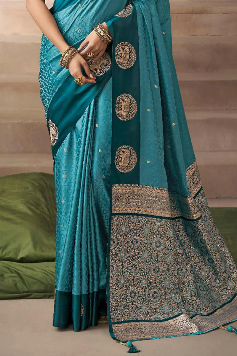 Zephyr Rama Banarasi Satin Silk Saree With Ephemeral Blouse - Image 5